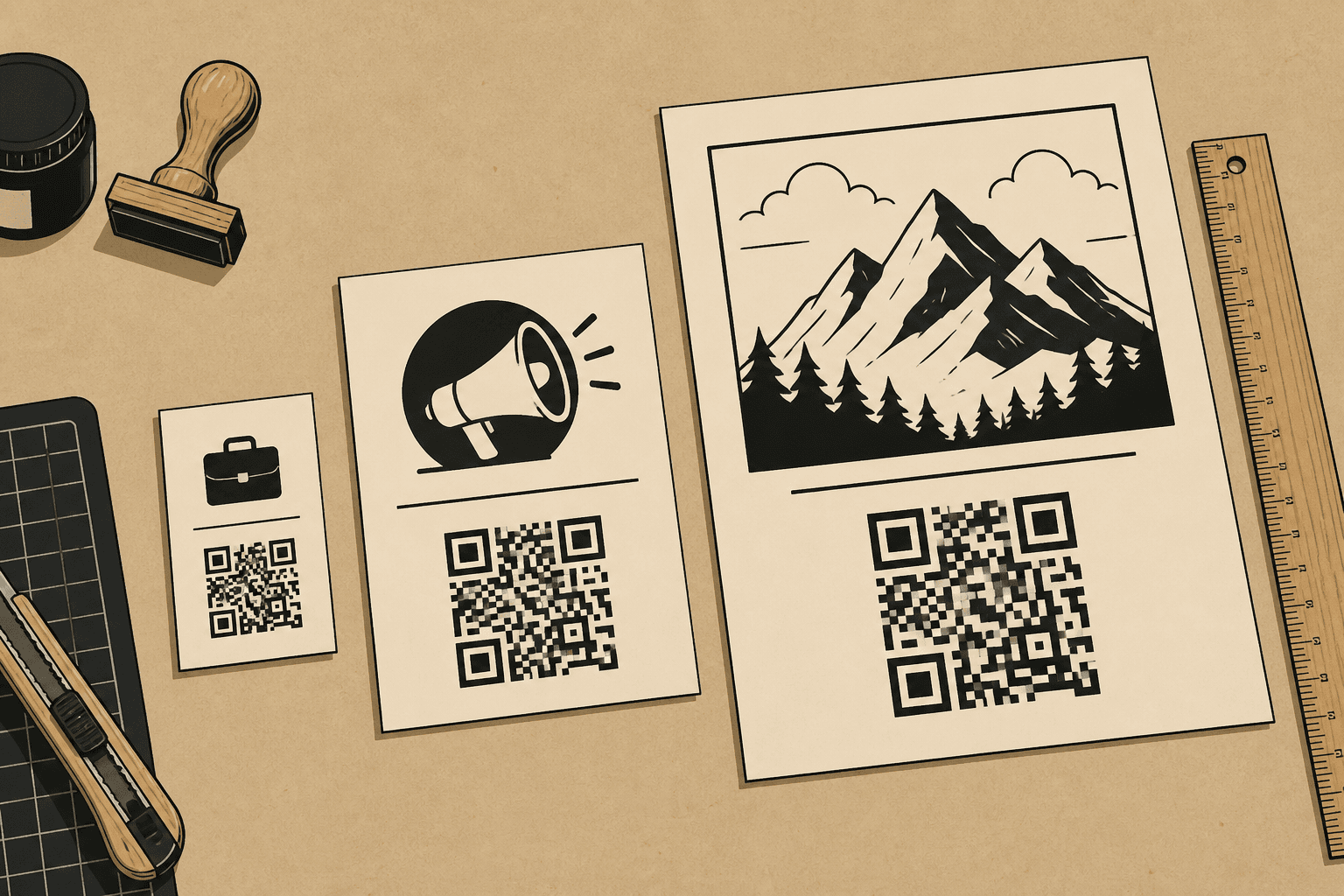 Business card, flyer, and poster with QR codes next to a ruler