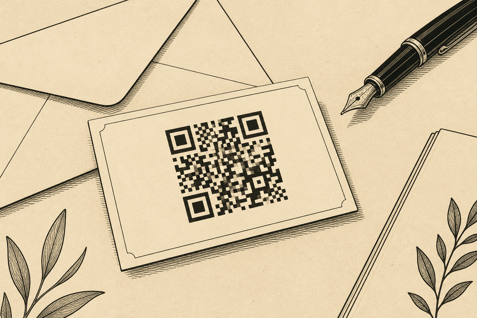 Cream business card on a desk with a large black QR code and a fountain pen