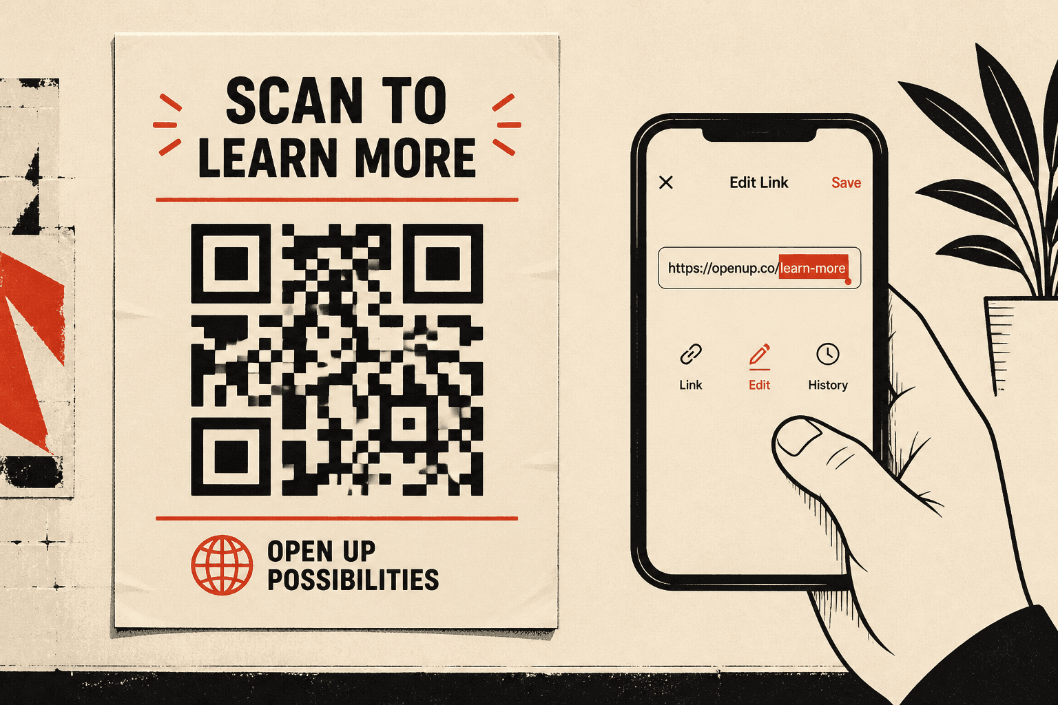 Printed poster with a QR code next to a phone editing the destination URL