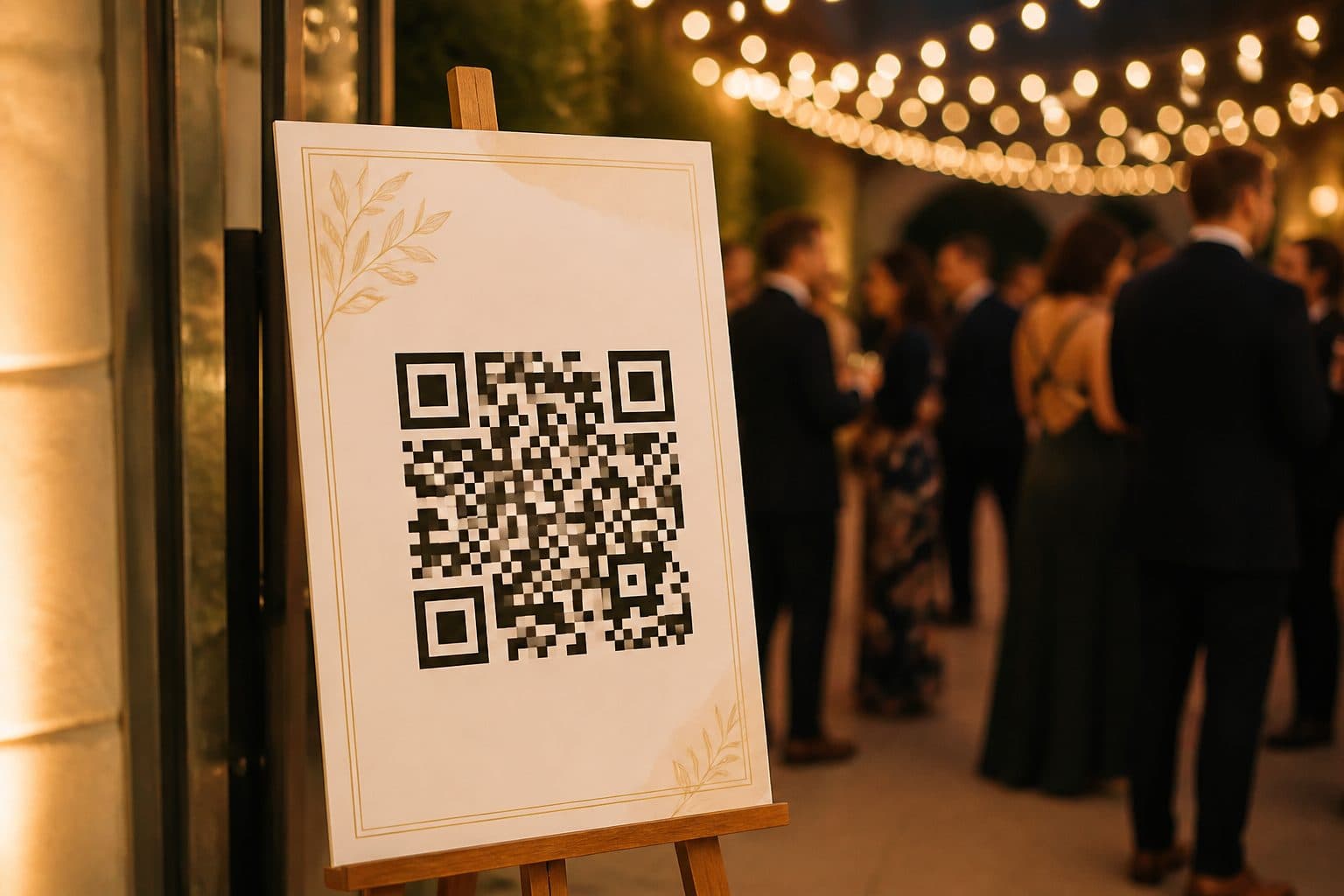Event poster on an easel with a large QR code beside tickets and a folded program