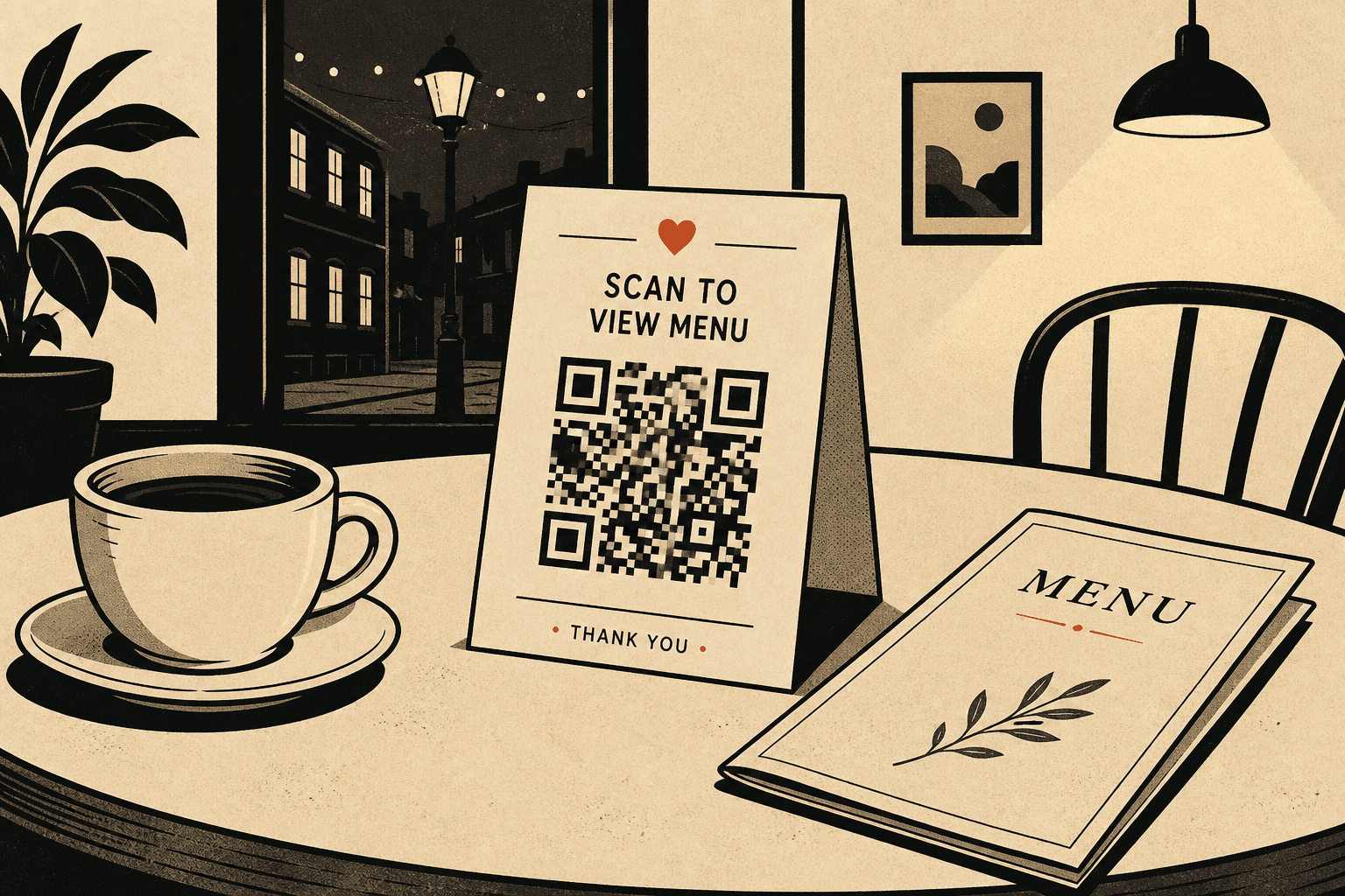 Cafe table tent with a QR code next to a coffee cup and paper menu