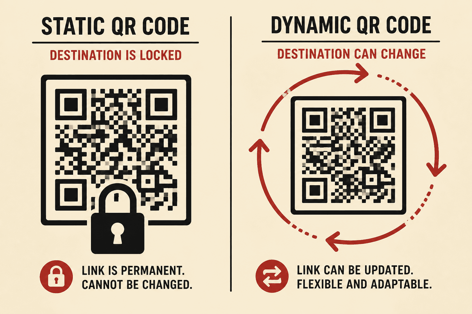 Split illustration of a locked static QR code and a dynamic QR code with circular arrows