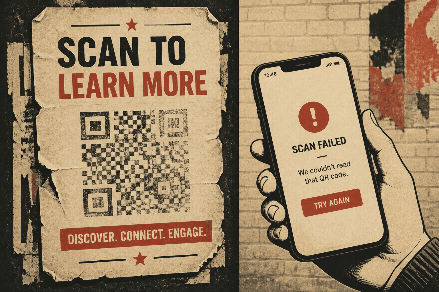 Faded outdoor poster with a QR code and a phone showing an error
