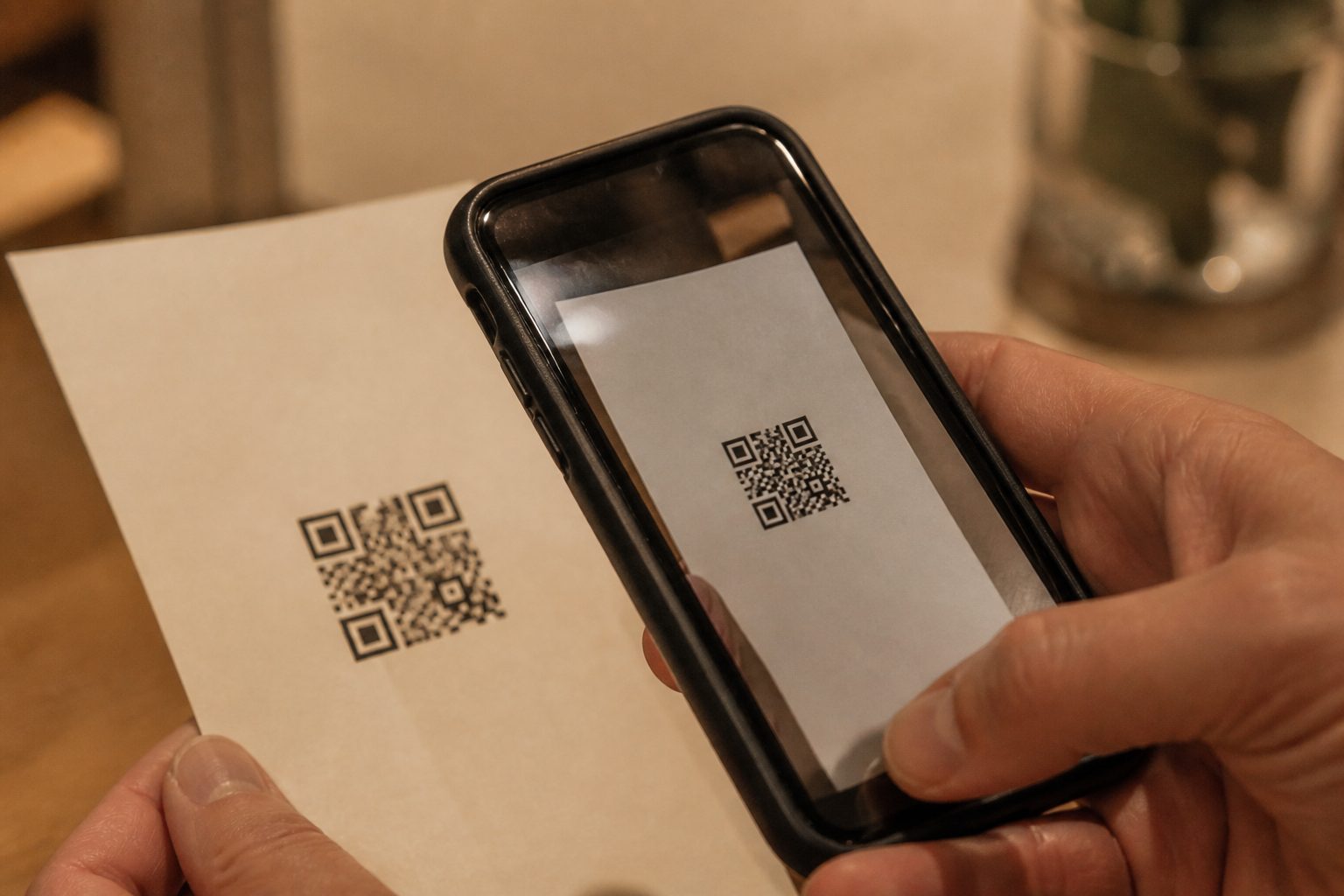Phone camera locked onto a printed QR code on a flyer